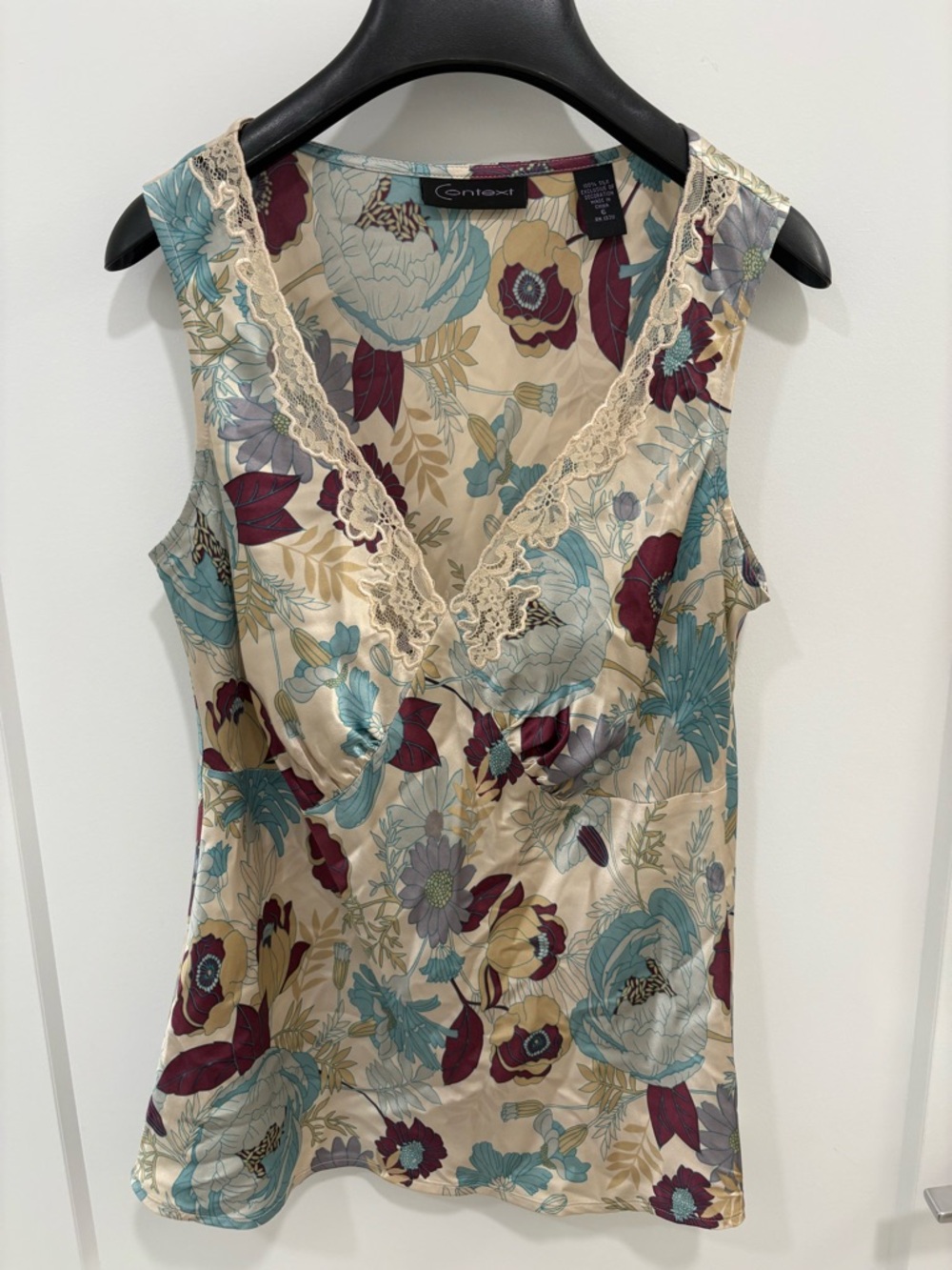 Vintage Y2K Context Cream Floral Lace Trim Silk Sleeveless Top Size 6